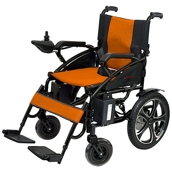 Foldable Lightweight Electric Power Wheelchair, Heavy Duty Compact Powerful Dual Motors, Supports Up to 265 lb - Black Frame Orange Seat