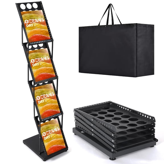 Foldable Literature Catalog Rack With Portable Oxford Bag, Floor Standing 4-Pocket Display Stand In Standard Black