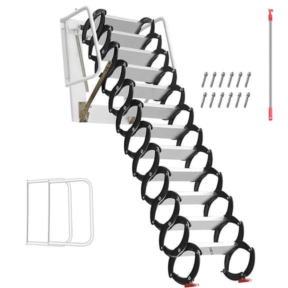 Foldable Loft Stairs Telescopic Fold Ladder Ti-Mg Alloy Loft Wall Mounted Stairs Pull Down Attic Stairs Attic Ladder, 12FT 1102LBS Capacity with Armrests for Multi-Scene Use