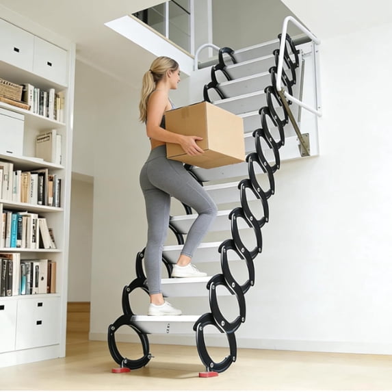 Foldable Loft Stairs Ti-Mg Alloy Loft Wall Mounted Stairs Attic Ladder Telescopic Fold Ladder Pull Down Attic Stairs, 12 Step 1102LBS Capacity with Horizontal Calibration Pull Rod for Garages, Roofs