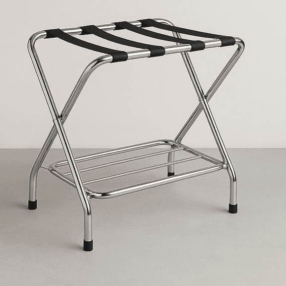 Double-Tier Luggage Rack for Guest Room By USTech  Chrome Foldable Suitcase Stand with Straps, Easy Self-Assembly, Heavy-Duty Metal Frame for Bedroom, Hotel & Closet Storage