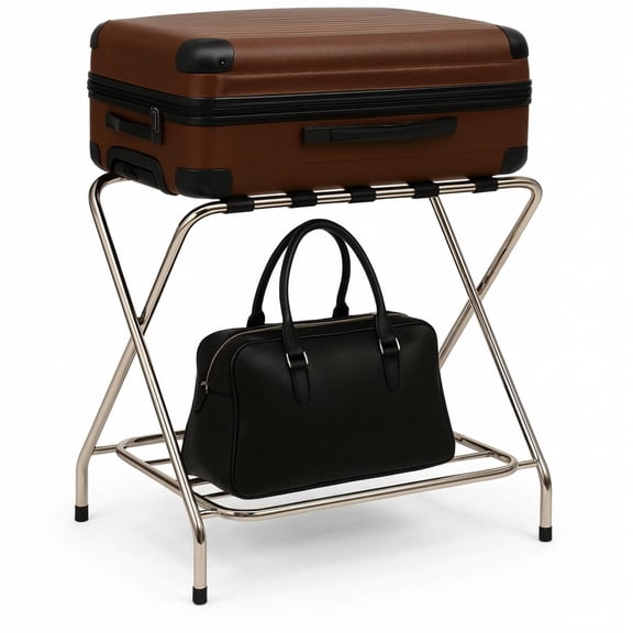 Double-Tier Luggage Rack for Guest Room By USTech  Chrome Foldable Suitcase Stand with Straps, Easy Self-Assembly, Heavy-Duty Metal Frame for Bedroom, Hotel & Closet Storage
