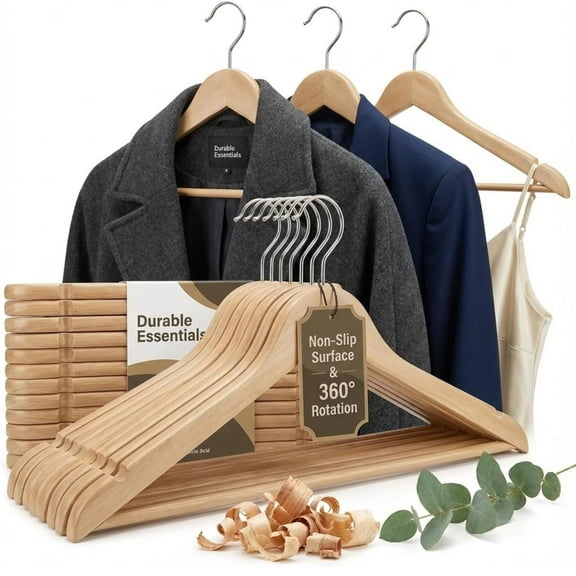 Durable Essentials Plastic Hangers – Pack of 20 Slim, Heavy-Duty, Wood-Like Design with Non-Slip Surface, 360° Rotating Rust-Resistant Hook for Space-Saving
