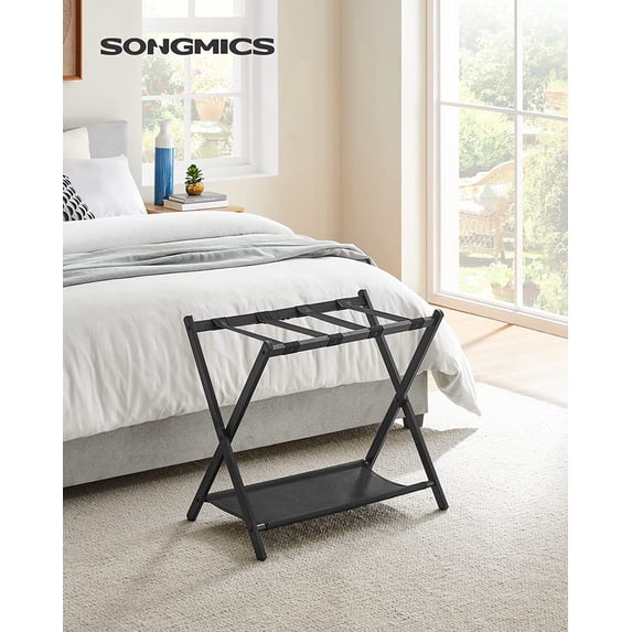 Foldable Luggage Rack with Storage Shelf, Steel Frame for Guest Room, Hotel, Bedroom - Black