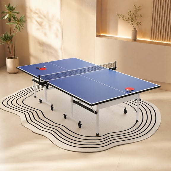 Foldable MDF Indoor Ping Pong Table, Professional 107.87 x 60.04 x 29.92 in Table Tennis Table with Quick Clamp Net Set, 8 Wheels, Blue