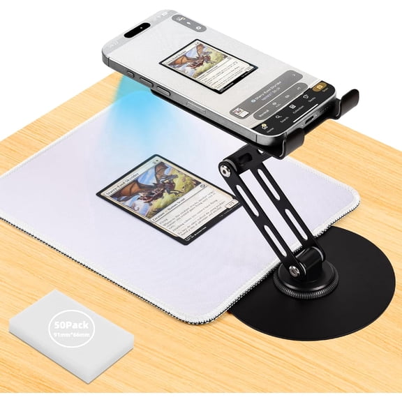 Foldable MTG Trading Card Scanner Stand, MTG Trading Card Phone Holder Includes 50 Standard Size Card Sleeves and Scanning Pad for Quickly Scan and Price Check, Black