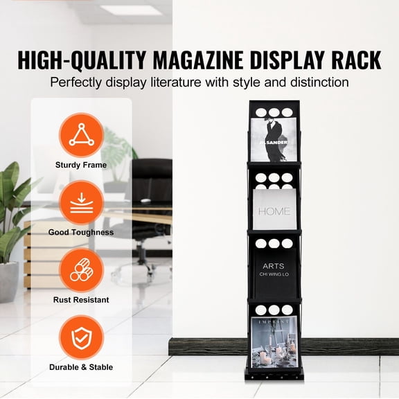 Foldable Magazine Display Rack, 4-Tier Brochure Literature Display Stand, Portable Catalog Brochure Holder Stand with Carrying Bag for Office Trade Show Exhibitions, 4 Pockets