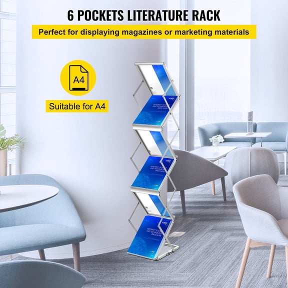 Foldable Magazine Display Rack,6 Pockets Pop-Up Brochure Display Stand,Double-Sided Display Catalog Literature Holder Stand,Portable with Carrying Bag for Office Trade Show Exhibitions