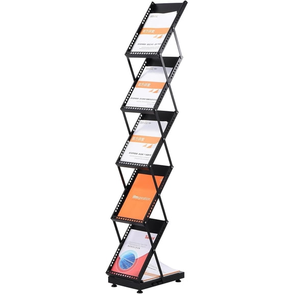 Foldable Magazine Display Racks Floor Standing 5 Layers Brochure Stand Catalog Literature Holder with Wheels for Hotel, Exhibition, Trade Show, Office