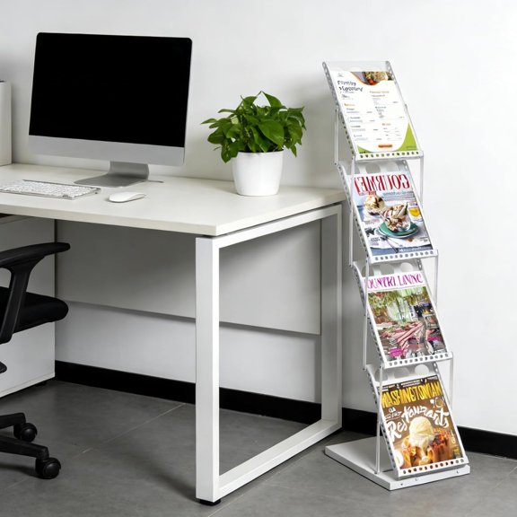 Foldable Magazine Rack with 4 Pockets, Portable Brochure & Literature Display Stand for Office, Trade Shows and Exhibitions, Includes Carrying Bag, White$$Furniture