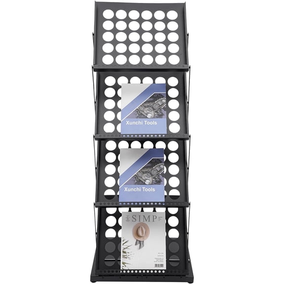 Foldable Magazine Rack 4-tier Book Vinyl Records Display Shelf Literature Rack Brochure Display Stand for Office Trade Show Exhibitions Retail Store (Black)