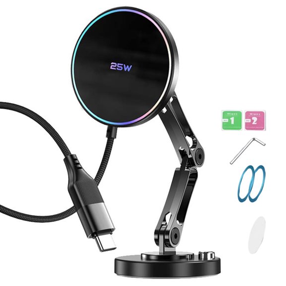 Foldable Magnetic Car Phone Mount With 25W Wireless Charging, Ball Joint Viewing Control, Metal Body and Adhesive Vehicle Base for Travel
