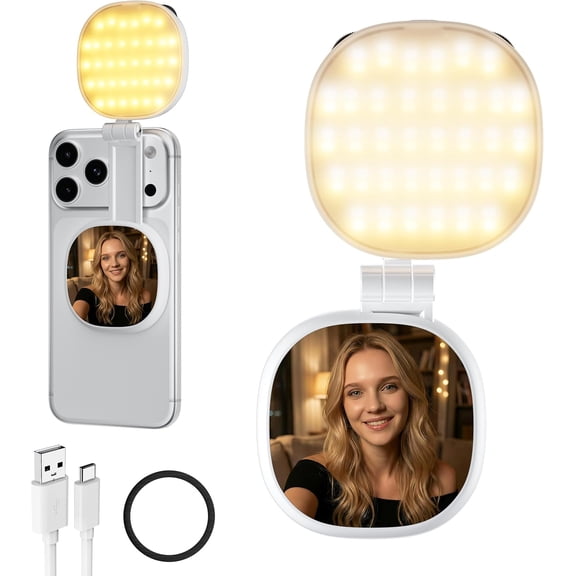 Foldable Magnetic Phone Selfie Light: No Camera Blocking CRI 95+ with Mirror & Adjustable Rechargeable for Selfies/Photography/Vlog/Conference/Video Recording/Content Creator (White)