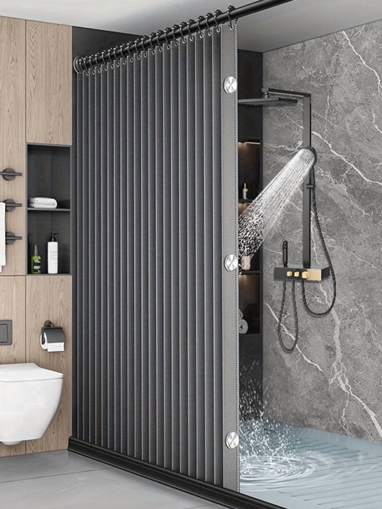 Foldable Magnetic Shower Curtain |Grey Dual-Side Magnetic 180×200cm, Tool-Free Waterproof, RV/Bathroom Dry-Wet Separation Partition Curtain