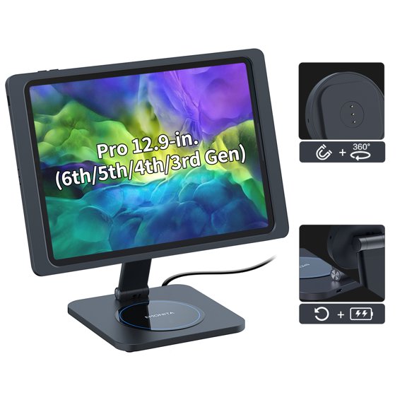 EMONITA Foldable Magnetic Stand with 45W Fast Charger Case for iPad Pro 12.9-In. (3rd/ 4th/ 5th/ 6th Gen) Adapter USB C Cable Included - Black