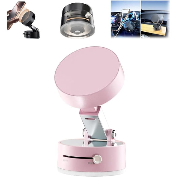 Foldable Magnetic Vacuum Phone Holder, 360 Electric Suction Car Mount, Double-Sided Swivel Stand for Car, Mirror, Gym, Kitchen, Hands-Free Portable Holder (Pink)