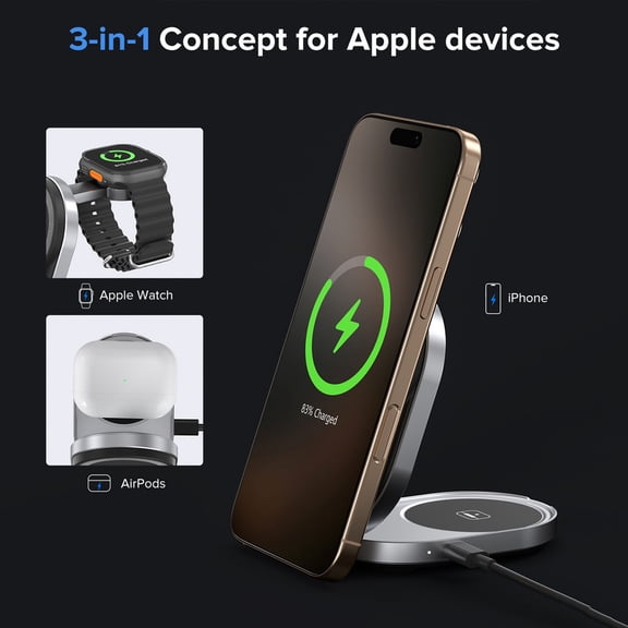 Foldable Magnetic Wireless Charger,3 in 1 Charging Station,15W Foldable Charger Stand for iPhone Pro/Max/Plus/Mini, AirPods4/3/Pro, iWatch Ultra