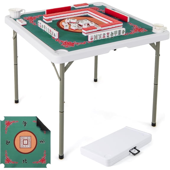 Foldable Mahjong Table w/Mat, 4-Player Square Domino Table w/Cup Holders & Carrying Handle, Anti-Slip Noise Reduction for Mahjong, Poker, Card Board Games