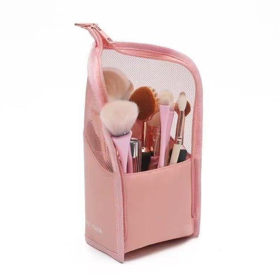 Foldable Makeup Brush Organizer Bag, Water-Resistant Oxford Cloth Cosmetic Pouch with Secure Elastic Slots, Slim Portable Travel Toiletry Case for Vanity, Bathroom, and Daily Storage, Rosy  &  Black