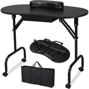 Foldable Manicure Table 37 Inch Portable Nail Desk for Spa Beauty Salon Black with Locking Wheels Large Storage Drawer Client Wrist Pad and Carrying Case
