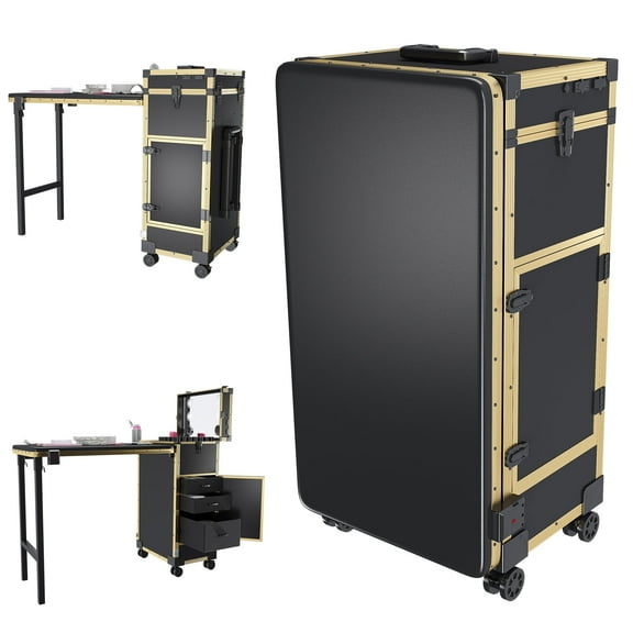 Foldable Manicure Table, Rolling Nail Desk with LED Mirror, 3 Lockable Drawers, Portable Nail Station with Speaker,Lockable Wheel for Nail Techs and Salons