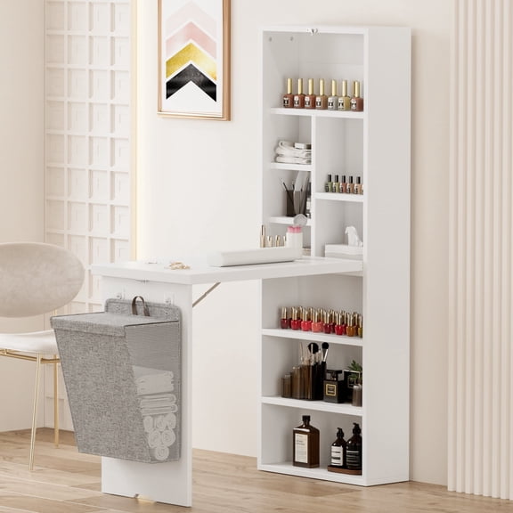 Foldable Manicure Table with Side Shelve, Expandable Nail Tech Table with Storage Fabric Bag, Wall Mount Nail Station Acetone Resistant Home Office Beauty Salon Workstation, White