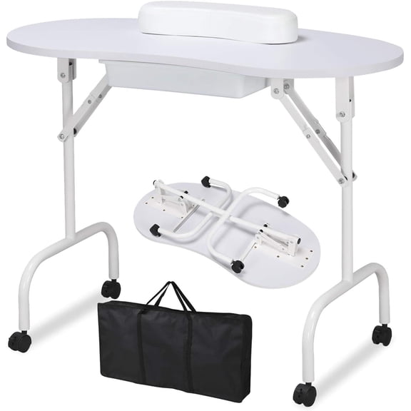 Foldable Manicure Table for Nail Techs, 37" Portable Beauty Salon Desk with Locking Casters, Large Drawer & Wrist Rest, Easy Assembly, White