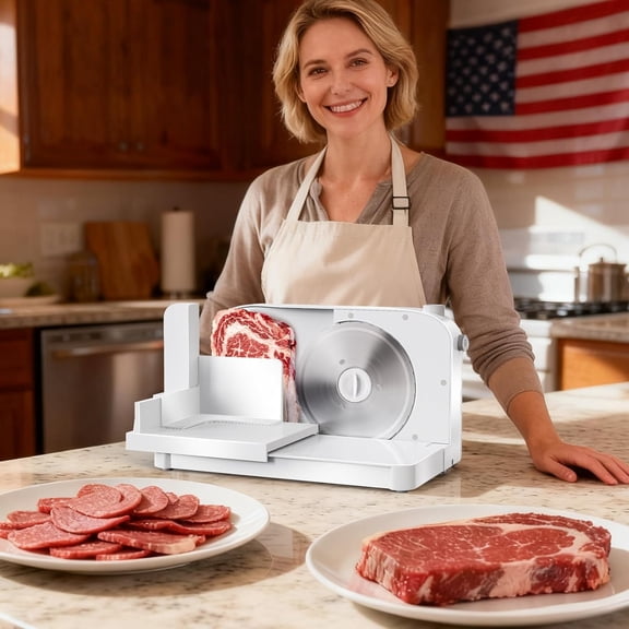 Foldable Meat Slicer, 150W Electric Meat Slicer with 6.7" Removable Stainless Steel Blade & Tray | 0-15mm Adjustable Thickness | Dual Safety Lock, Food Slicer for Frozen Meat Jerky
