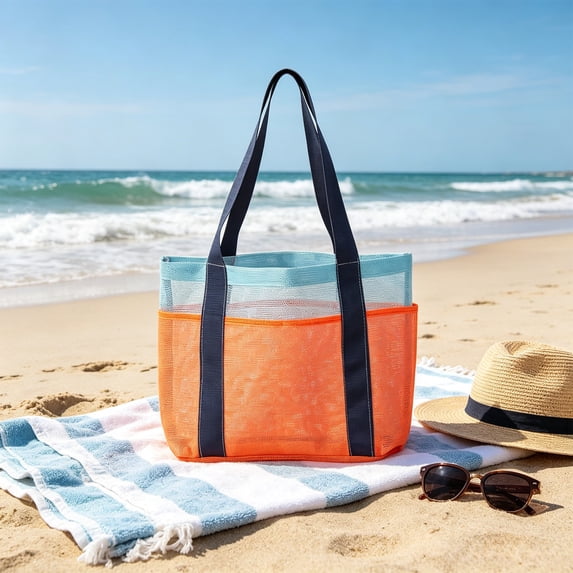 Foldable Mesh Beach Tote, Portable Shopping Storage One Shoulder Design, Lightweight Reusable Net Grocery Bag, Bag for Beach Travel Swimming Shopping