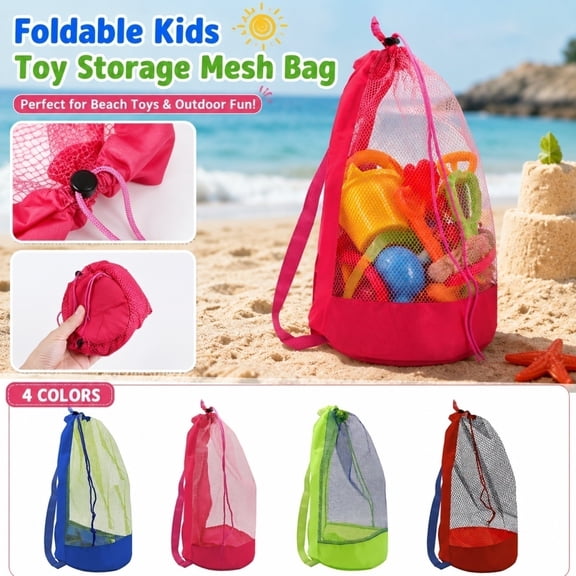 Foldable Mesh Beach Toy Storage Bag – Large Capacity Net Bag for Kids Sand Tools, Quick Drying, Outdoor Summer Essentials, 1pc Hot Pink