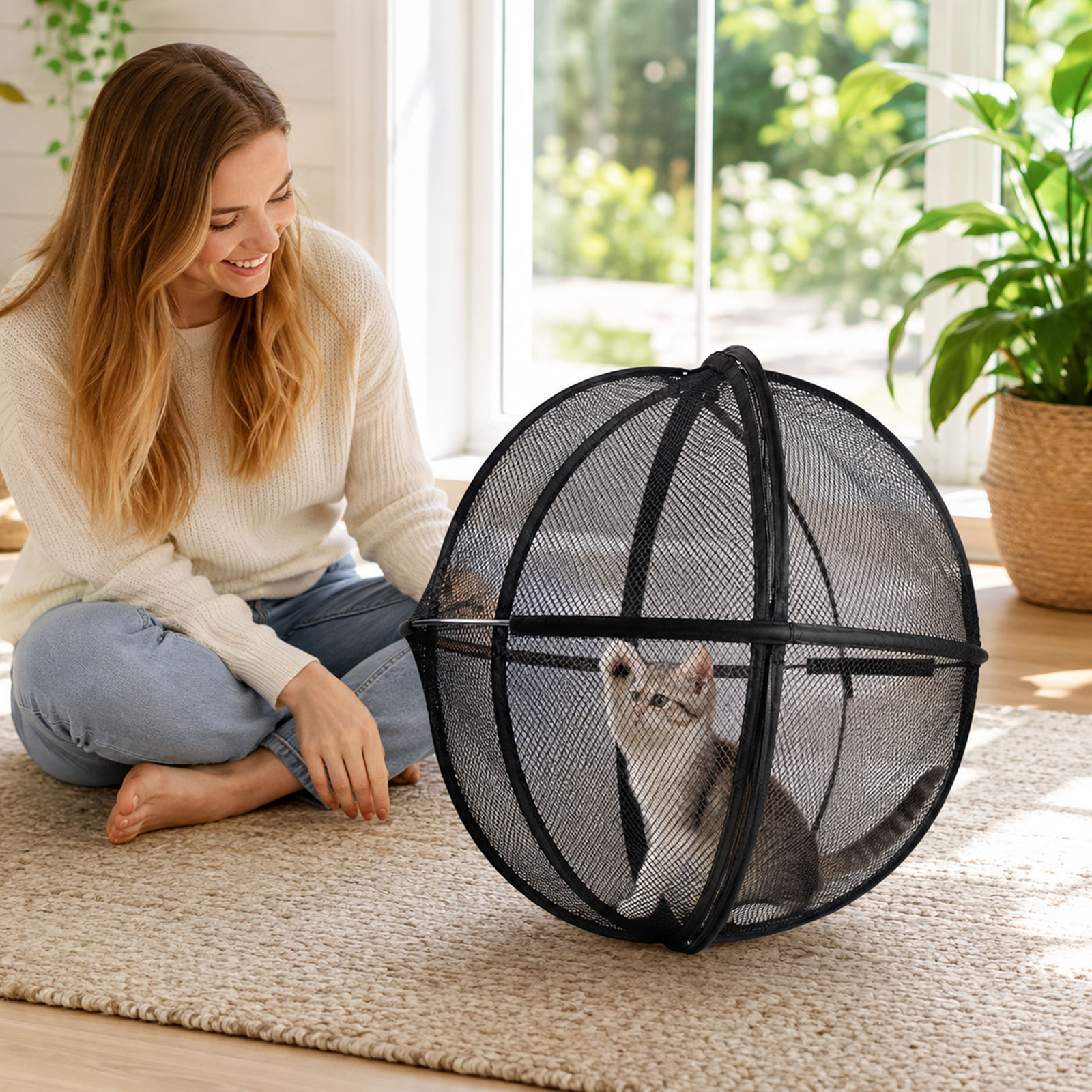 Cat relaxing inside PurrSphere 360 degree mesh playpen