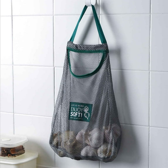 Foldable Mesh Grocery Bag Reusable Hanging Storage for Fruits Vegetables Garlic Onion - Eco Friendly Shopping & Travel Tote (Gray)