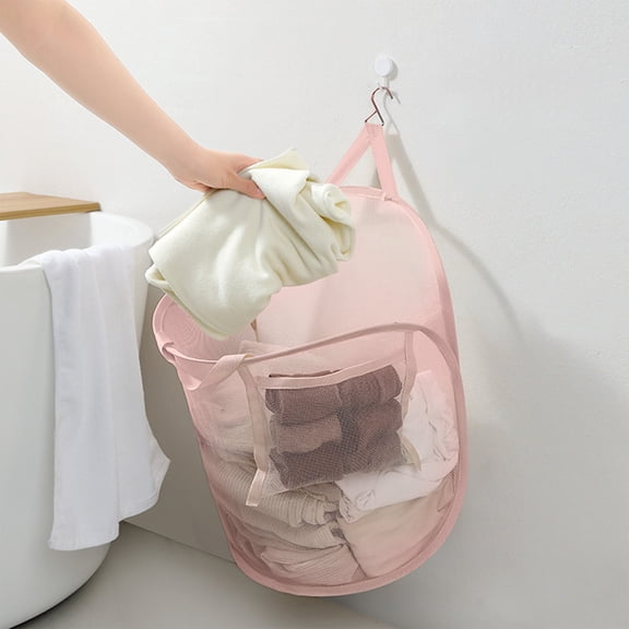 Foldable Mesh Laundry Basket with Divider, Wall Mounted Hanging Dirty Clothes Hamper, Breathable Polyester Storage Bin with Pocket, 52.5x40x30cm, Pink White Beige