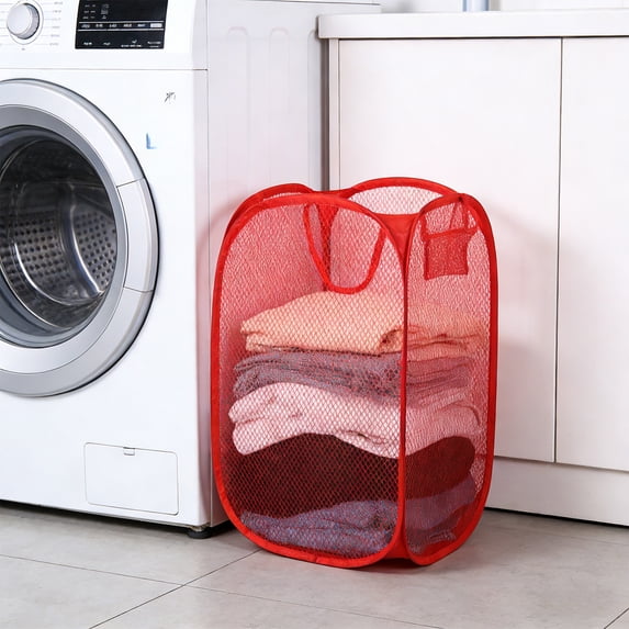 Foldable Mesh Laundry Hamper, Collapsible Dirty Clothes Basket with Side Pocket, Portable Storage Bag with Carry Handles, Space-Saving Laundry Bin for Home Organization, 11*11*16in, Red