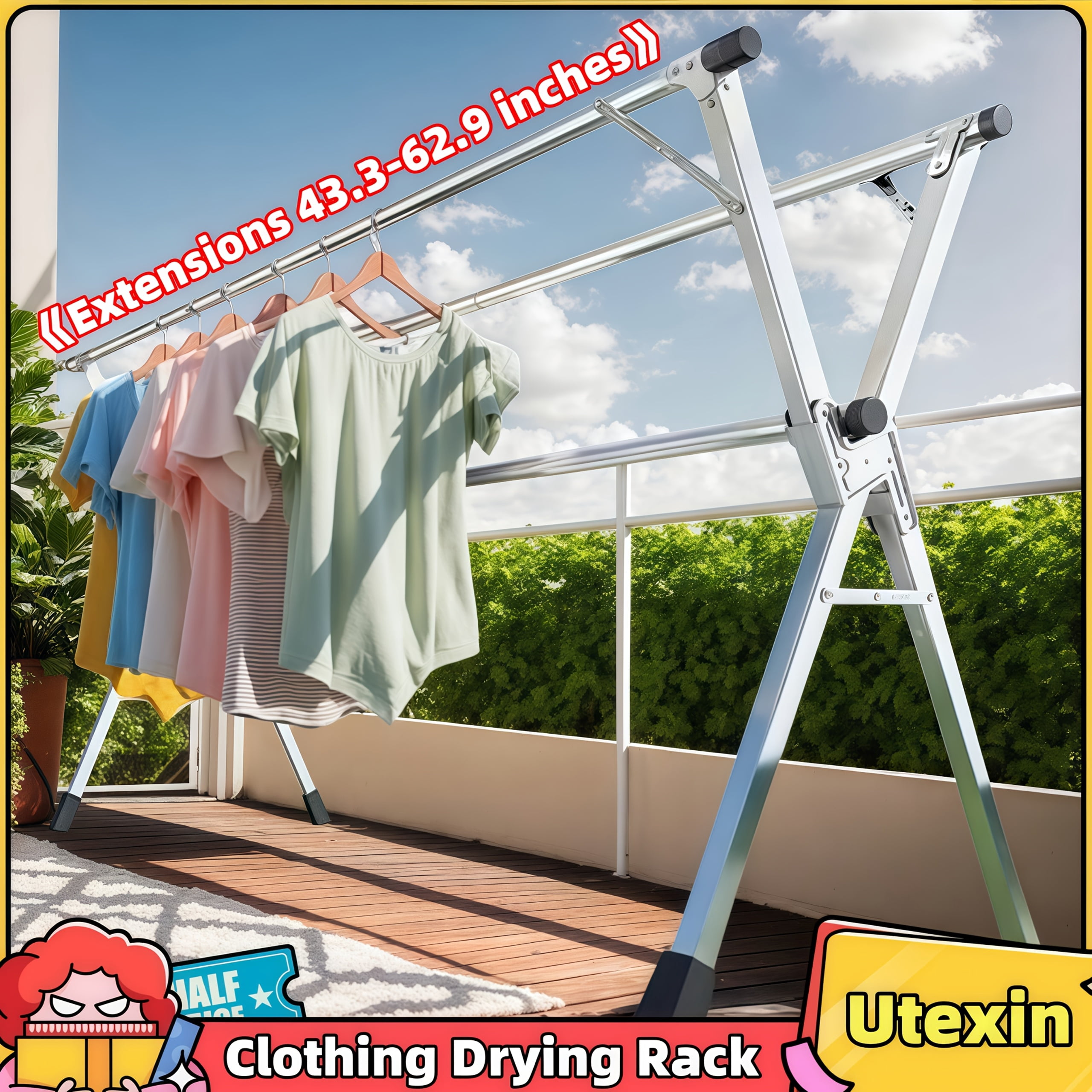 Foldable Metal Clothes Drying Rack, Adjustable Three Rod, with Space ...