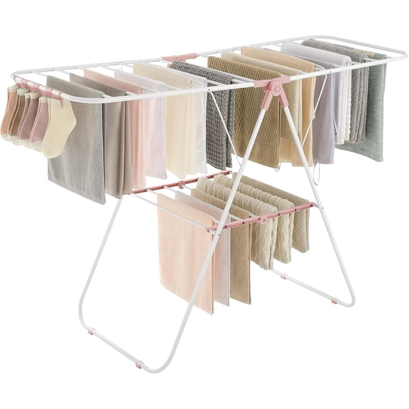 Foldable Metal Clothes Drying Rack with Gullwing Arms, Sock Clips, Adjustable Height, Space-Saving Free-Standing Airer for Indoor and Outdoor Use, Silver and Blue