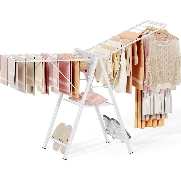 Foldable Metal Clothing Drying Rack with Adjustable Height, Ultra-Thin Gullwing Design, White