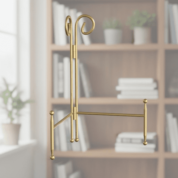 Foldable Metal Display Stand for Plates, Pictures, and Posters - Decorative Gold Easel Holder for Tabletop, Photos, Wedding Cards, and Signage, 6-Inch