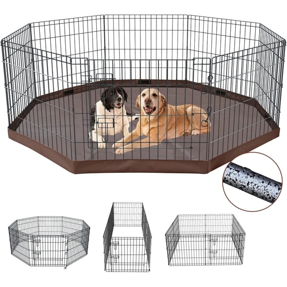 Foldable Metal Dog Exercise Playpen Gate Fence Dog Crate 8 Panels 24 Inch Height Puppy Kennels with Top Cover/Bottom Pad for Animals Outdoor Indoor