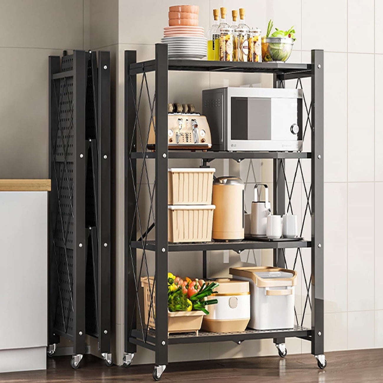 Foldable Metal Heavy Duty Storage Shelves with Wheels, No Assembly ...