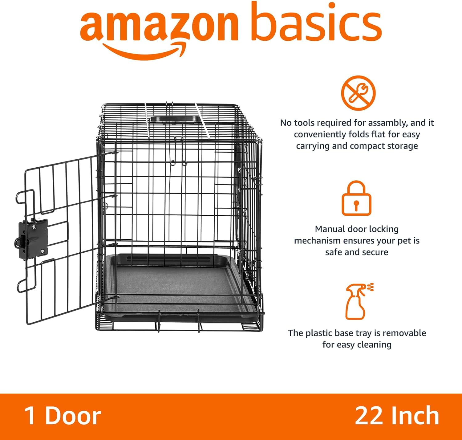 Foldable Metal Wire Pet Crate with Tray, Portable for Small Dogs, 22 x 13 x 16 in, Black