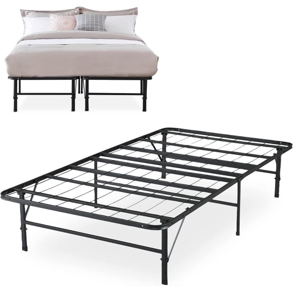 Foldable Metal Platform Bed Frame Mattress Foundation with Box Spring Replacement Black Twin Black