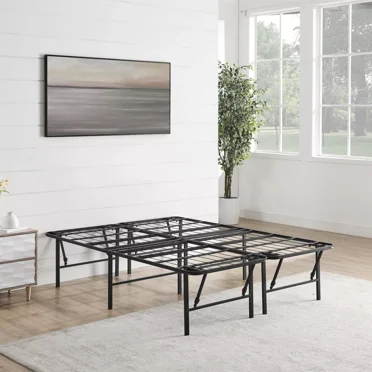 Foldable Metal Platform Bed Frame, Steel Mattress Foundation, Comfort Base, Easy Under Bed Storage, No Box Spring Needed