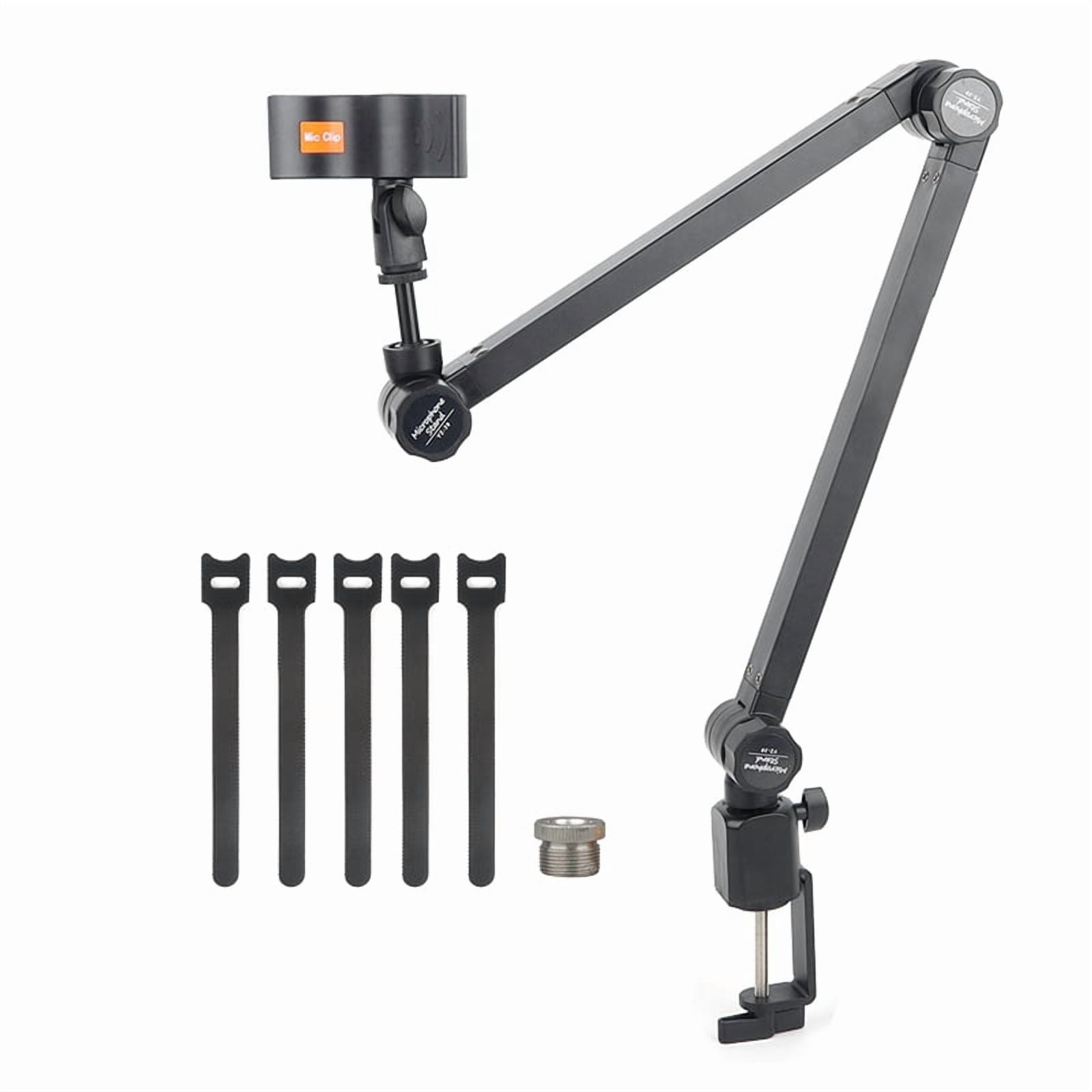 Foldable Microphone Holder Suspension Boom Scissor Arm Stand Holder with Mic Clip Table Mounting Clamp,1 x microphone boom stand 1 x desktop base 1 x microphone clip 1 x nut 5 x Nylon buckle,Black