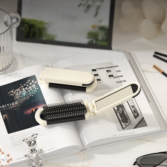 Foldable Mirror Brush, 2-in-1 Hairbrush with Built-in Mirror, Air Cushion Detangling Brush, Portable Compact Hair Brush with Protective Case, for All Hair Types, Travel, Office, Gym White