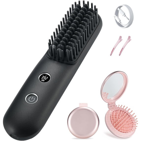 Foldable Mirror Brush Mini Portable Travel Cordless Negative Ionic Hair Straightener Brush and Curler 2 in 1 - Hot Comb Pink