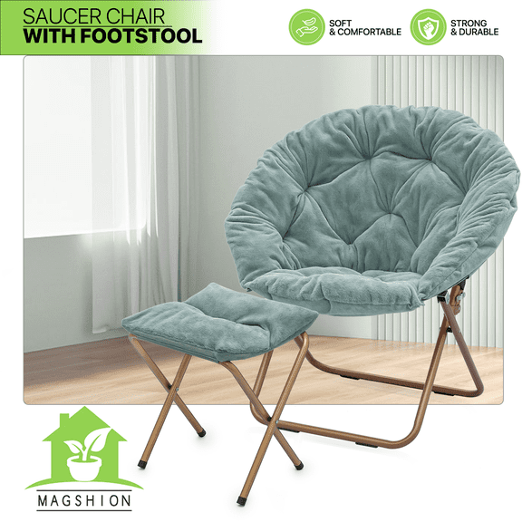 Foldable Modern Faux Fur Saucer Chair Soft Oversized Lounge Moon Chair w/Ottoman