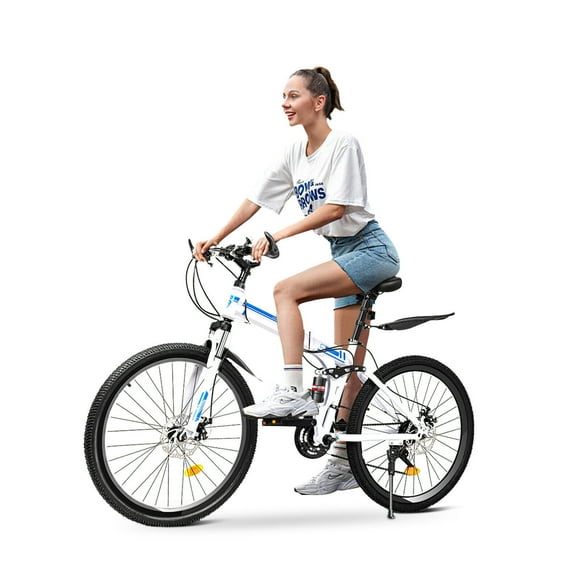 Foldable Mountain Bike Adjiustable Speed Full Suspension High-Carbon Steel Foldable Bicycle Double V-Brake Outroad Mountain Bicycle for Adults Men Women