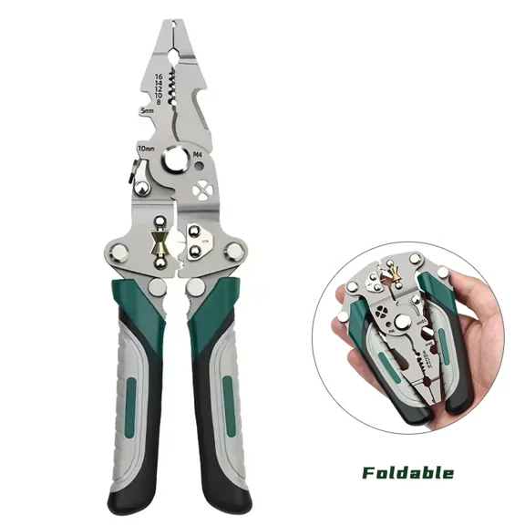 Foldable Multi-Function Electrician Pliers, 7-in-1 Wire Stripper Cutter Crimper, Heavy Duty Foldable Lineman Pliers with Non-Slip Grip, Portable Wire Tool for Electrical Work,