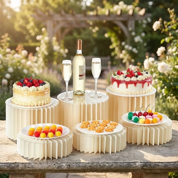 Foldable Multi-Height Buffet Risers - White Cardboard Cylinder Stands with Acrylic Plates for Wedding Cakes, Dessert Tables, Charcuterie Displays